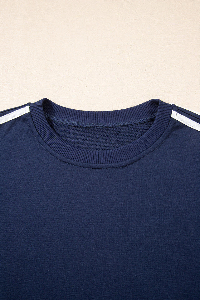 Dirty blue Varsity Striped Detail Crewneck Pullover Elastic Sweatpants 2pcs Outfit