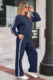Dirty blue Varsity Striped Detail Crewneck Pullover Elastic Sweatpants 2pcs Outfit