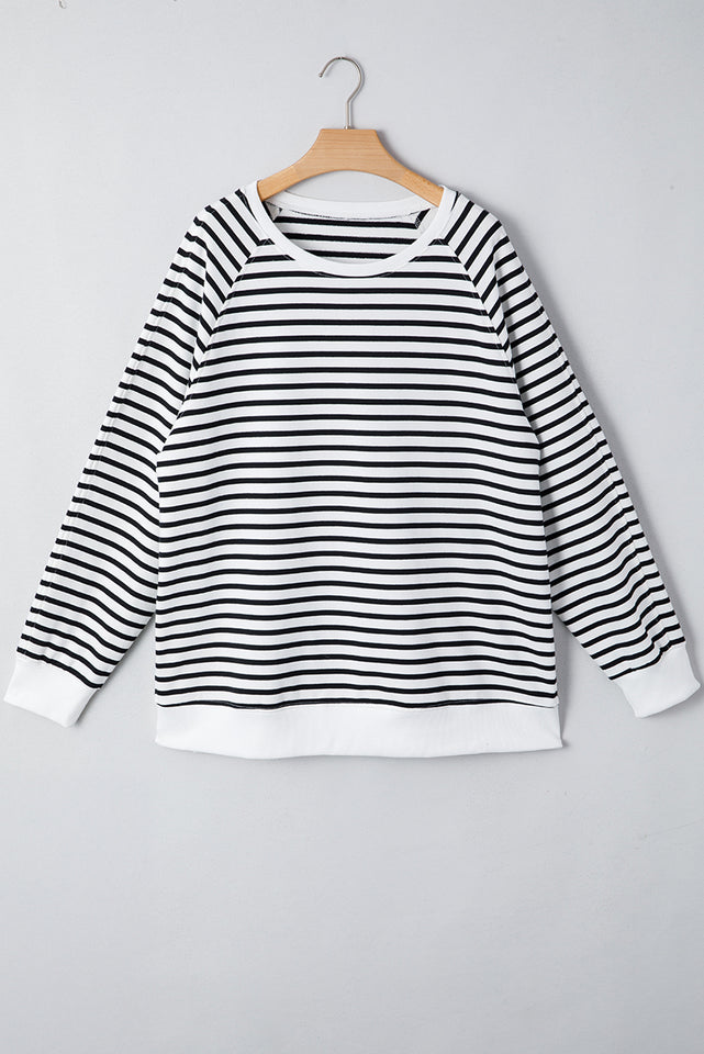 Black Stripe Raglan Sleeve Side Slits Loose Sweatshirt